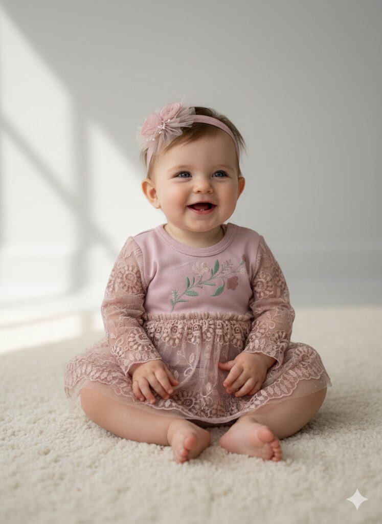 Pamuklu Çiçek Nakışlı  Bandanalı Kız Bebek Elbise