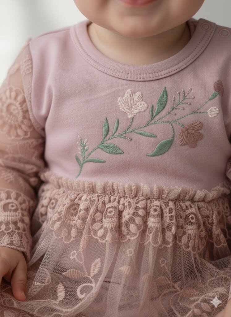 Pamuklu Çiçek Nakışlı  Bandanalı Kız Bebek Elbise