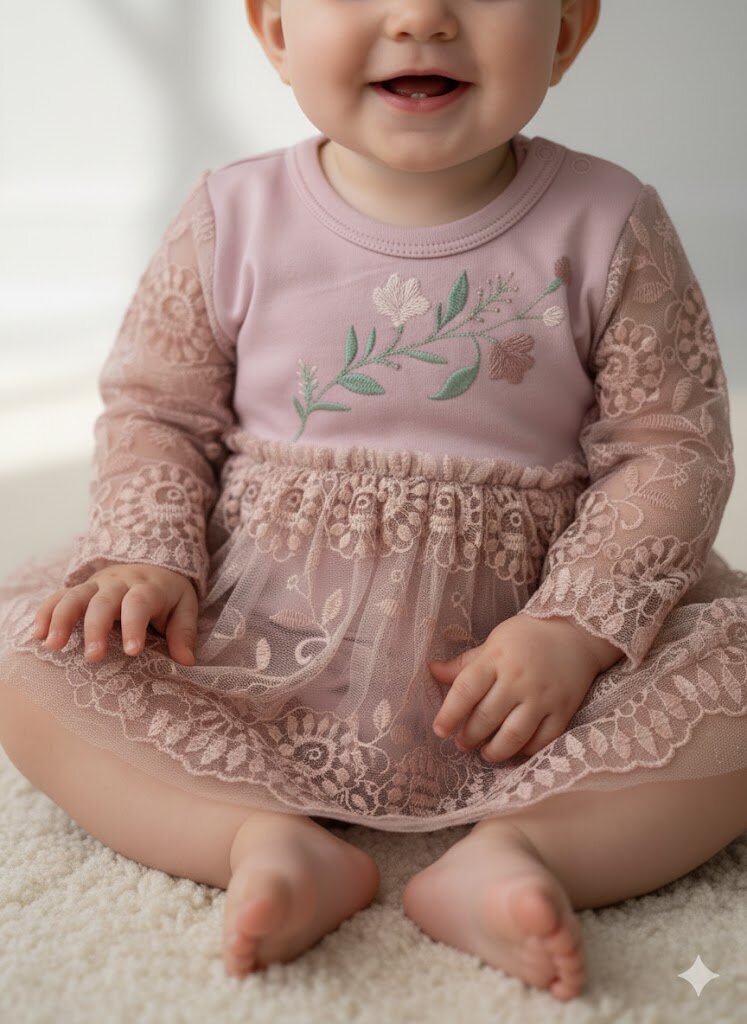 Pamuklu Çiçek Nakışlı  Bandanalı Kız Bebek Elbise