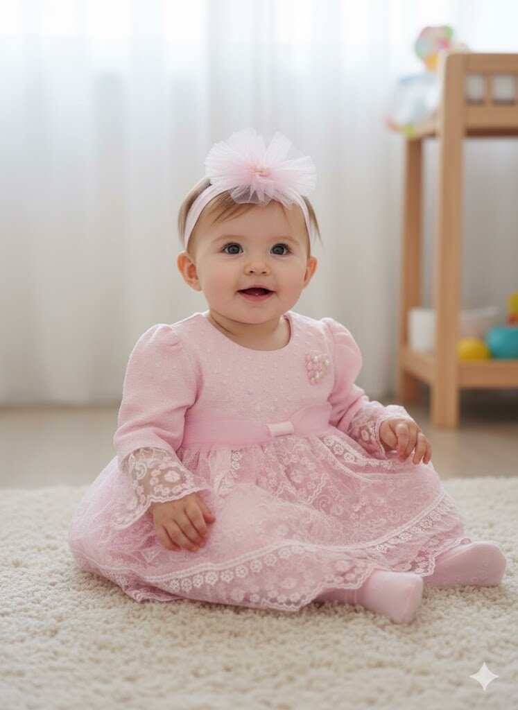 Pamuklu Tül Detaylı Bandanalı Kız Bebek Elbise