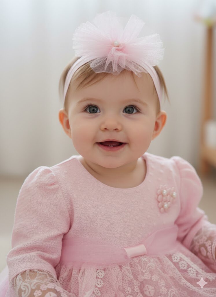 Pamuklu Tül Detaylı Bandanalı Kız Bebek Elbise