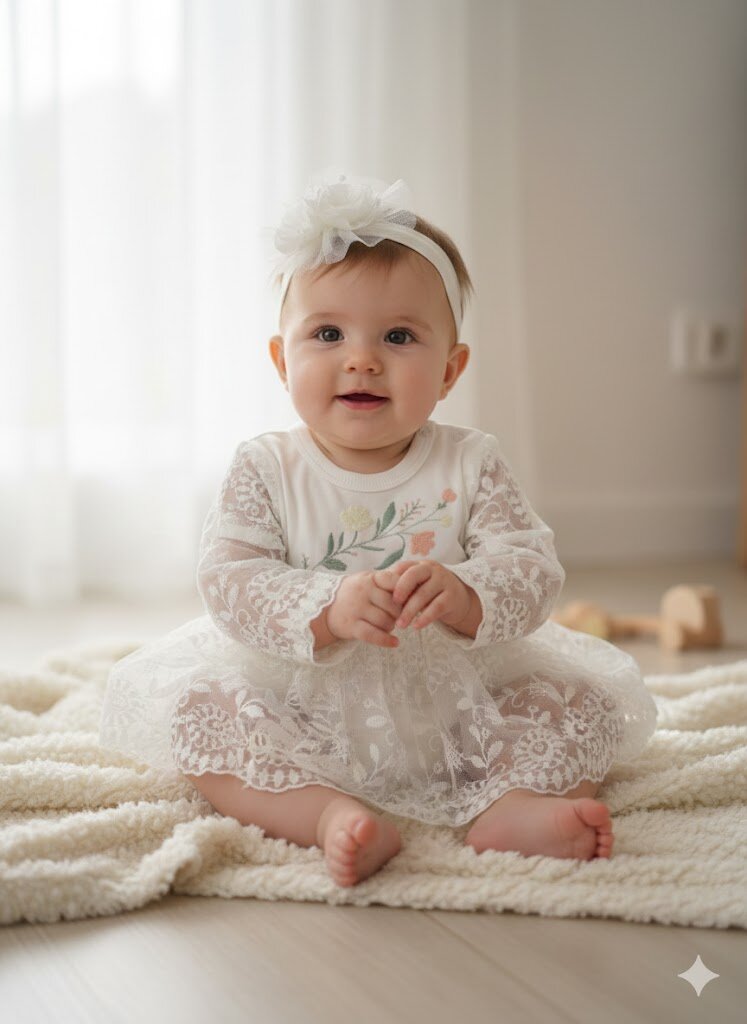 Pamuklu Çiçek Nakışlı  Bandanalı Kız Bebek Elbise