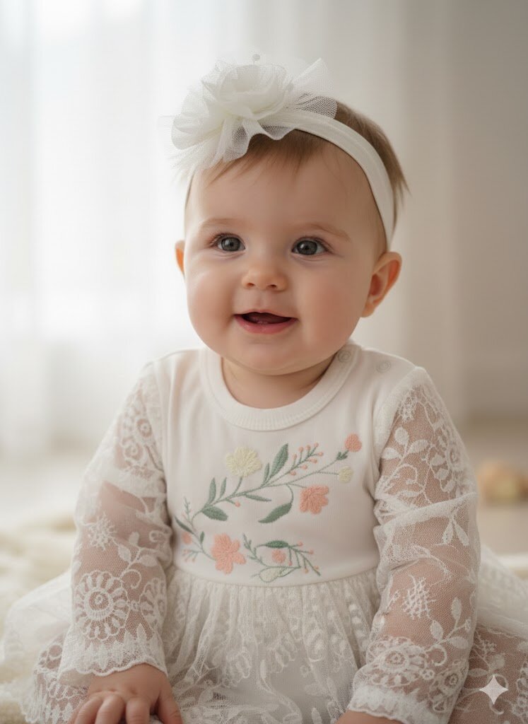 Pamuklu Çiçek Nakışlı  Bandanalı Kız Bebek Elbise