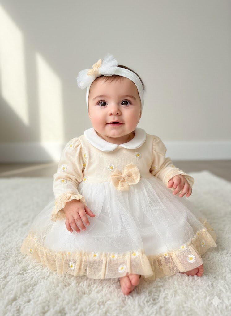 Pamuklu Papatya Detaylı Bandanalı Kız Bebek Elbise