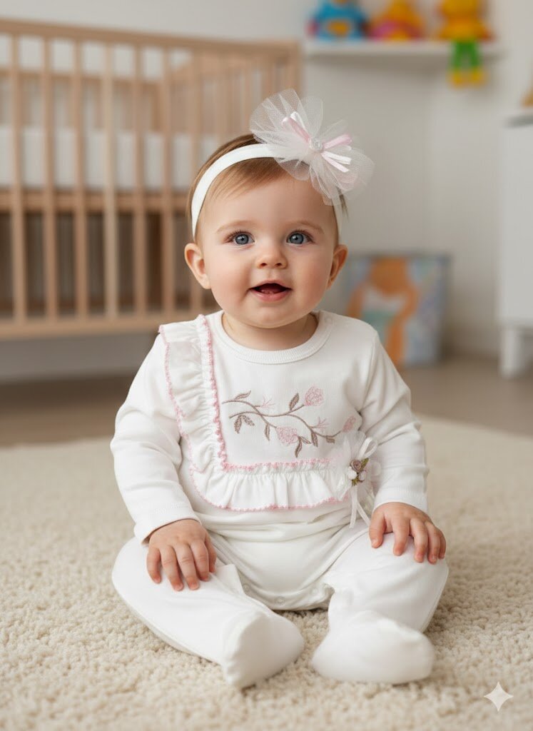 Pamuklu Çiçek Nakışlı Bandanalı Kız Bebek Tulum