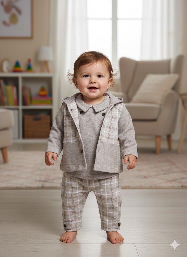 Pamuklu Ekose Detaylı Hırkalı 3lü Erkek Bebek Takım