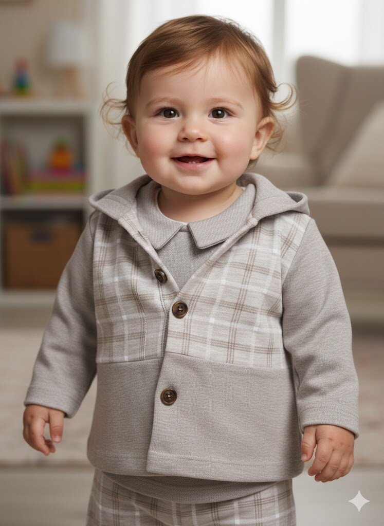 Pamuklu Ekose Detaylı Hırkalı 3lü Erkek Bebek Takım