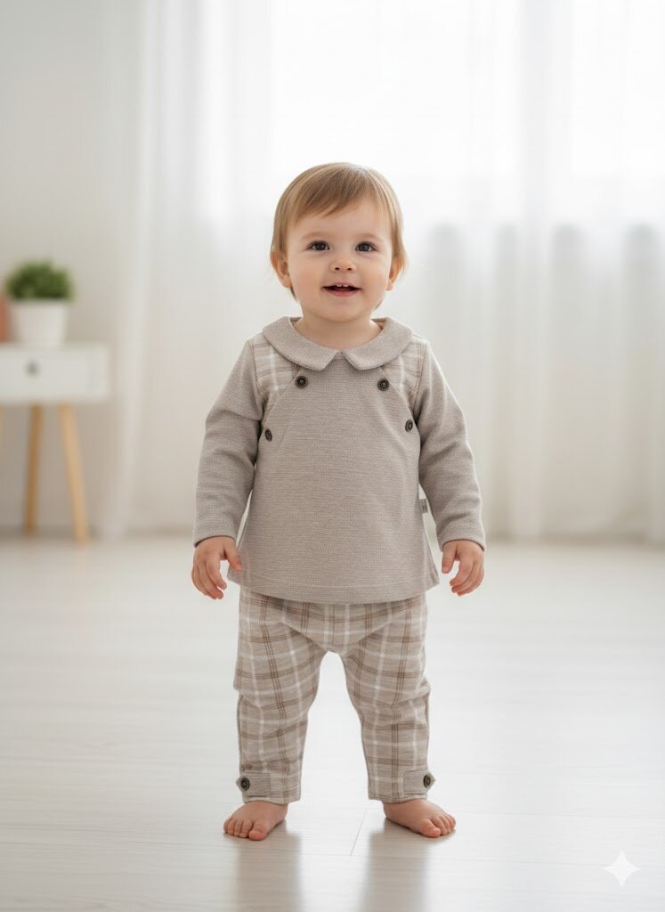 Pamuklu Ekose Detaylı Hırkalı 3lü Erkek Bebek Takım