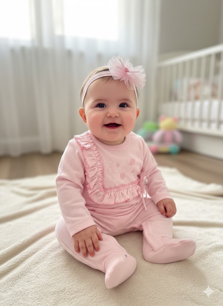 Pamuklu Çiçek Nakışlı Bandanalı Kız Bebek Tulum