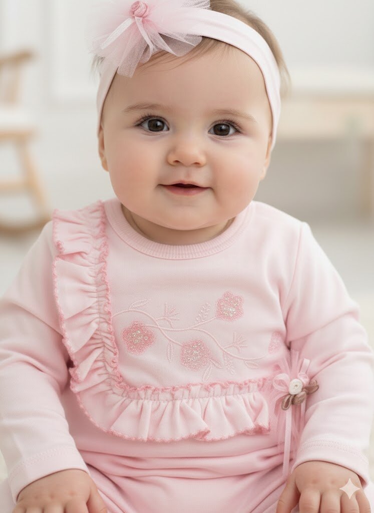 Pamuklu Çiçek Nakışlı Bandanalı Kız Bebek Tulum