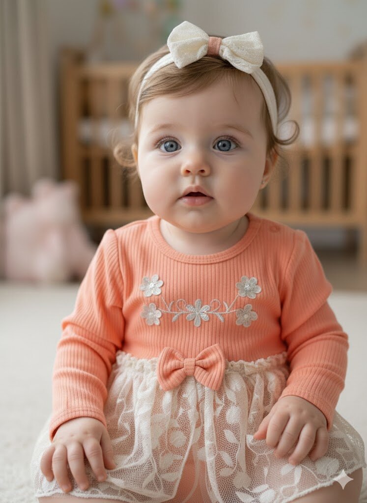 Pamuklu Çiçek işlemeli Tül Detaylı Kız Bebek Elbise