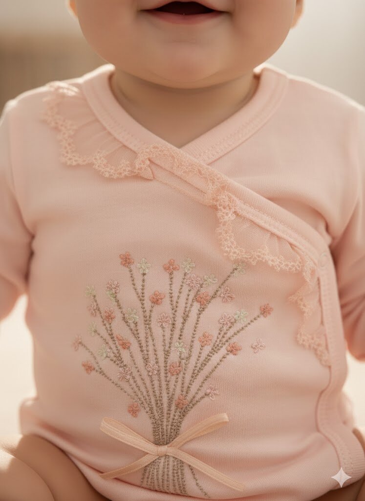 Pamuklu Çiçek İşlemeli Kız Bebek Zıbın 2li Takım