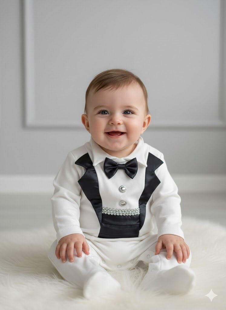 Pamuklu Papyon Detaylı Erkek Bebek Tulum