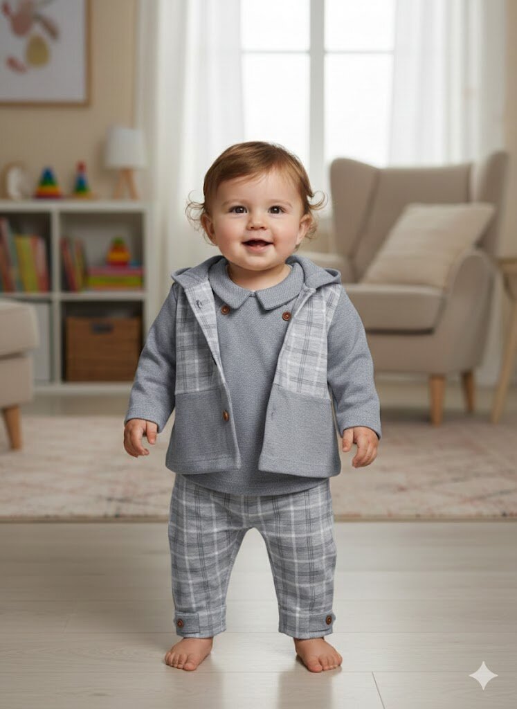 Pamuklu Ekose Detaylı Hırkalı 3lü Erkek Bebek Takım