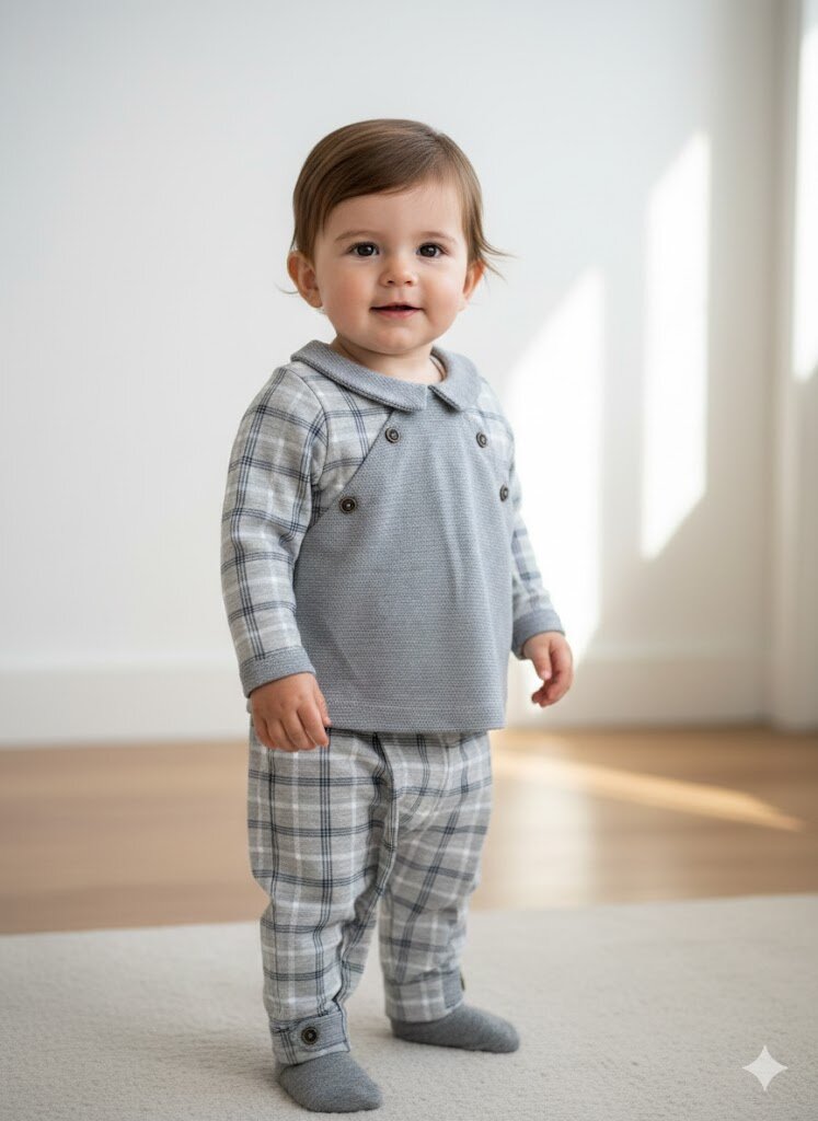 Pamuklu Ekose Detaylı Hırkalı 3lü Erkek Bebek Takım