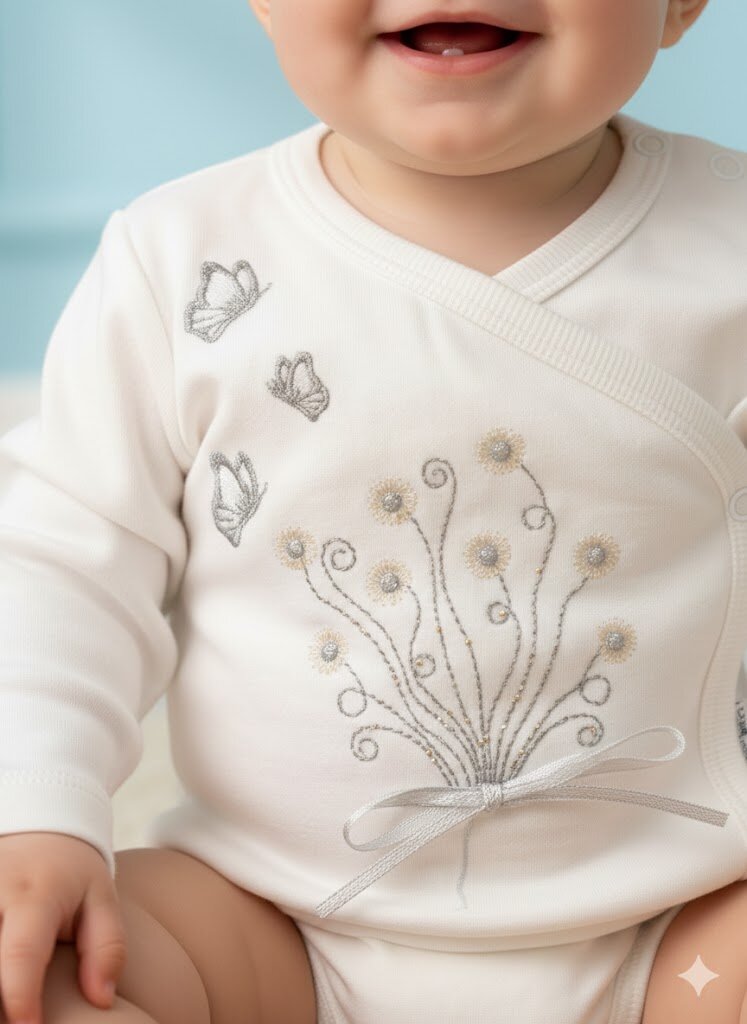 Pamuklu Kelebek Nakışlı Kız Bebek Zıbın 2Lİ Takım