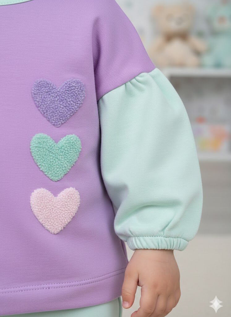 Pamuklu Kalp Nakışlı 2li  Penye Kumaş Kız Bebek Takım