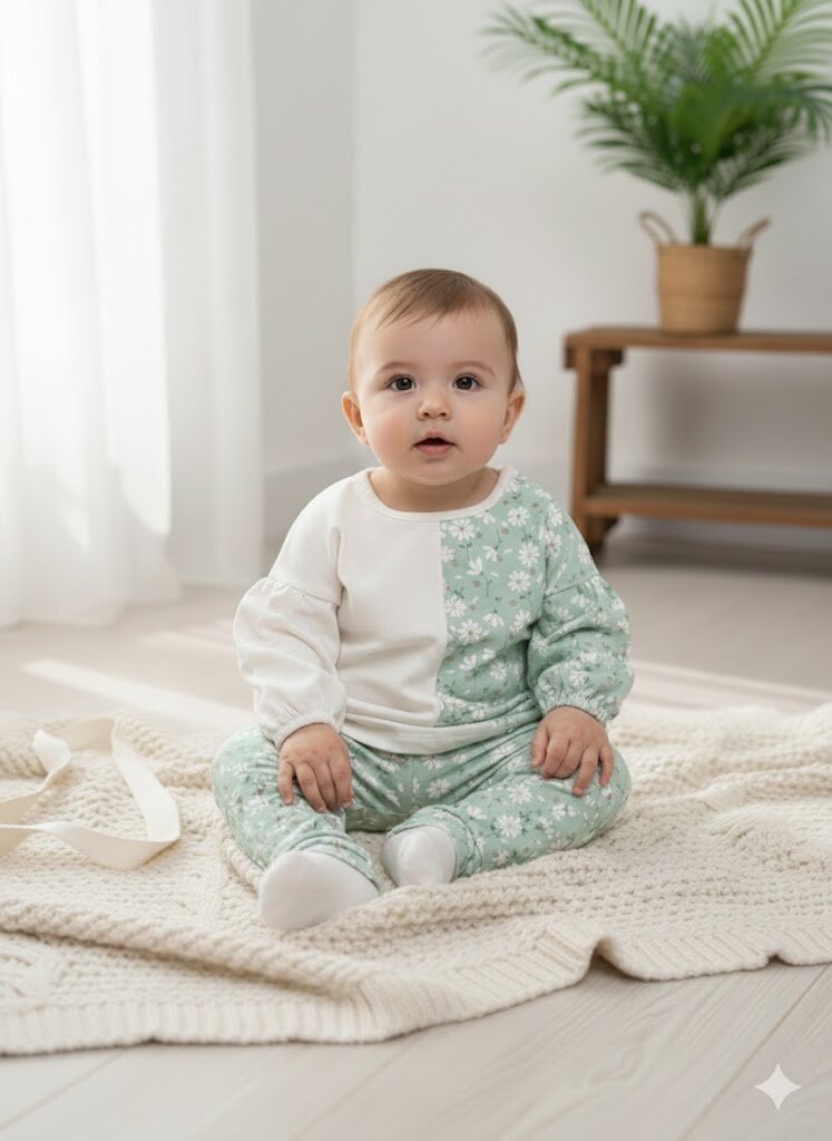 Organik Çiçek Desenli Erkek Bebek 2li Takım