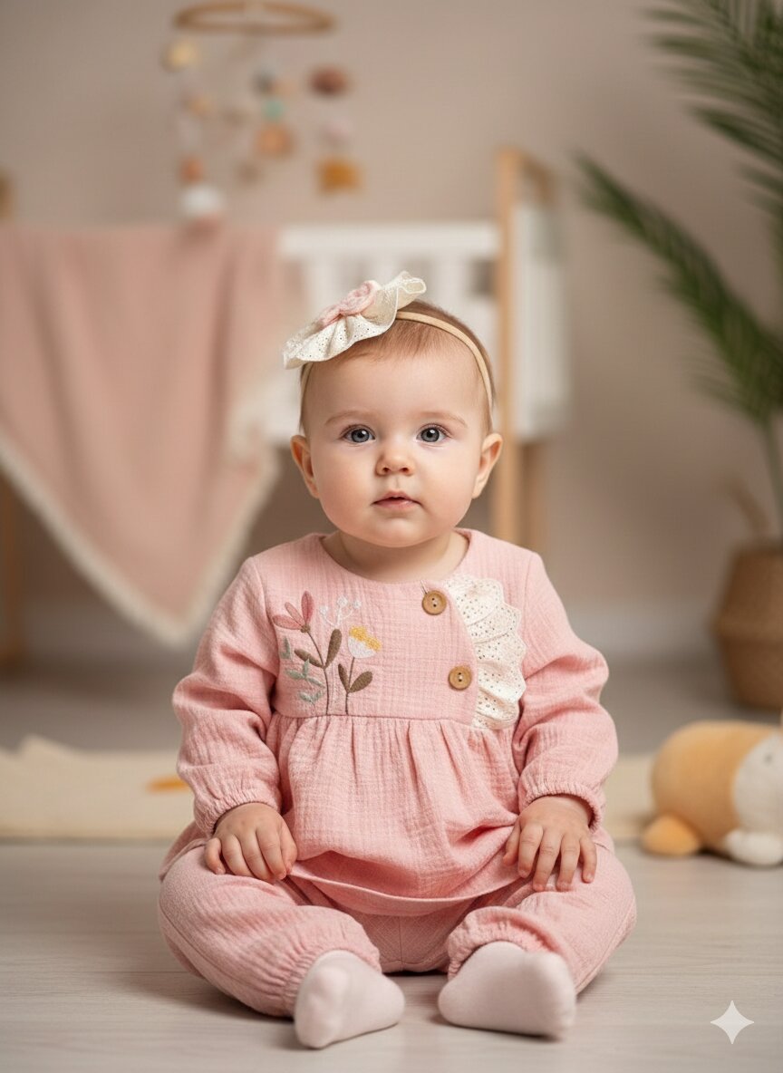 Pamuk Çiçek Nakışlı 2li  Kız Bebek Takım