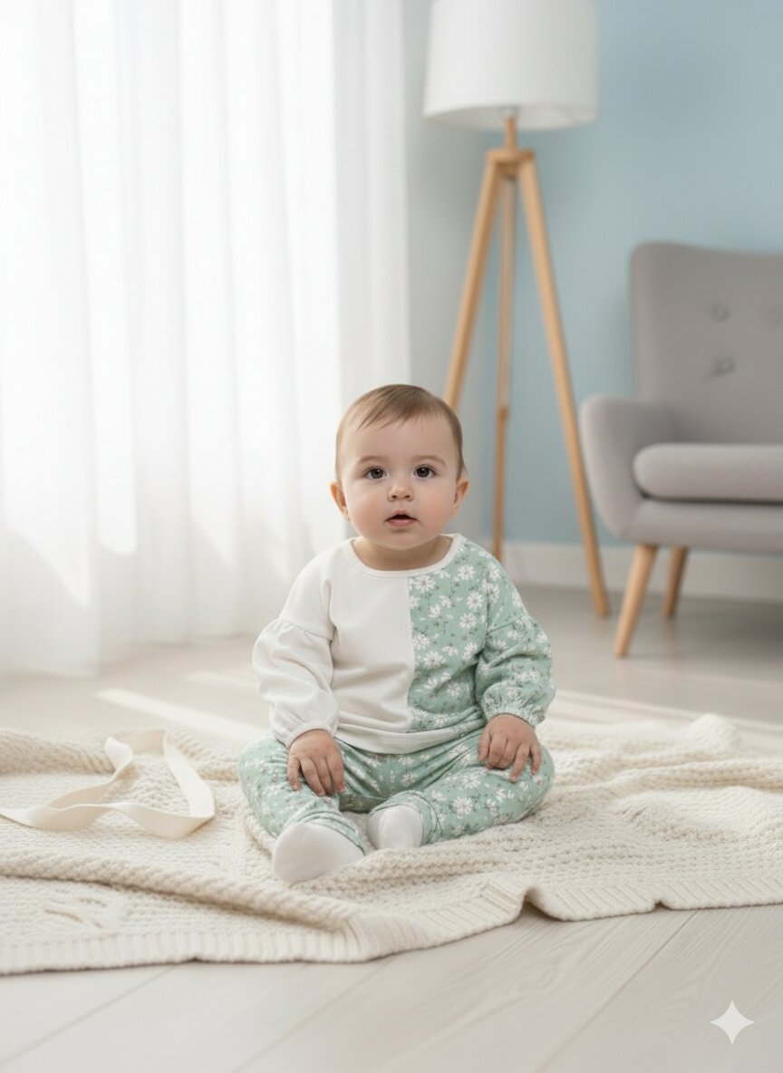 Organik Çiçek Desenli Pamuk 2li Kız Bebek Takım