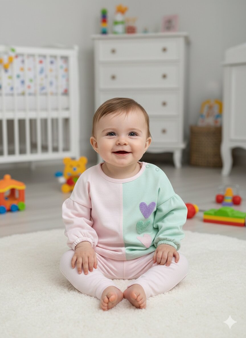 Pamuk Yumuşak Kalp Desenli 2li Kız Bebek Takım