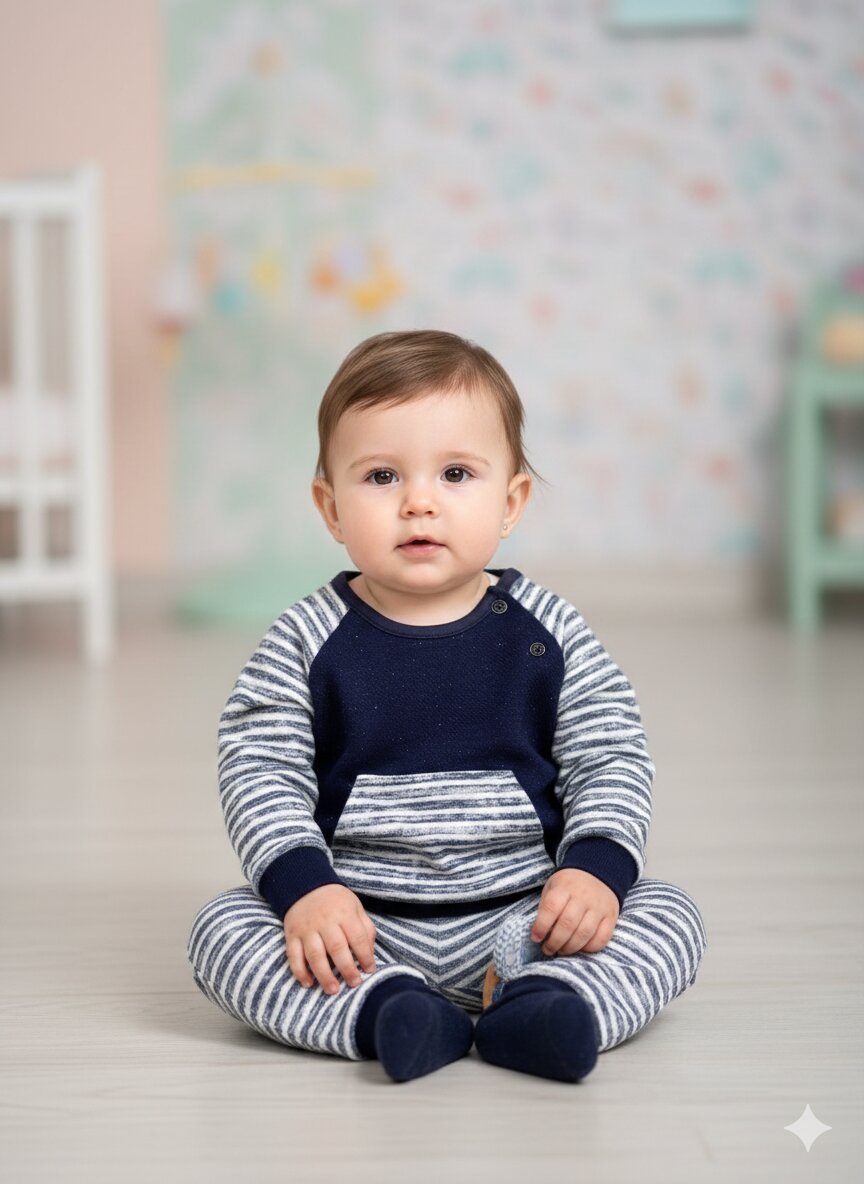 Pamuklu Çizgili Kanguru Cepli 2li Erkek Bebek Takım