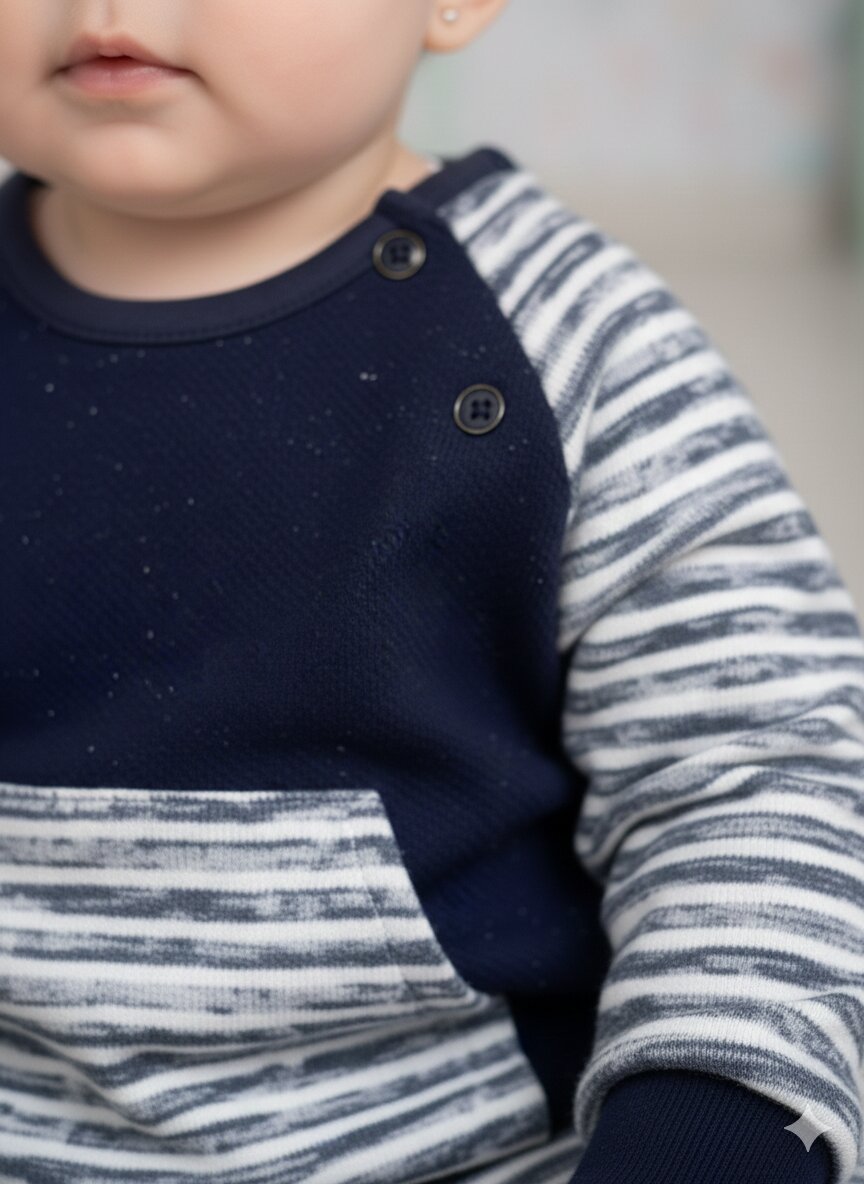 Pamuklu Çizgili Kanguru Cepli 2li Erkek Bebek Takım