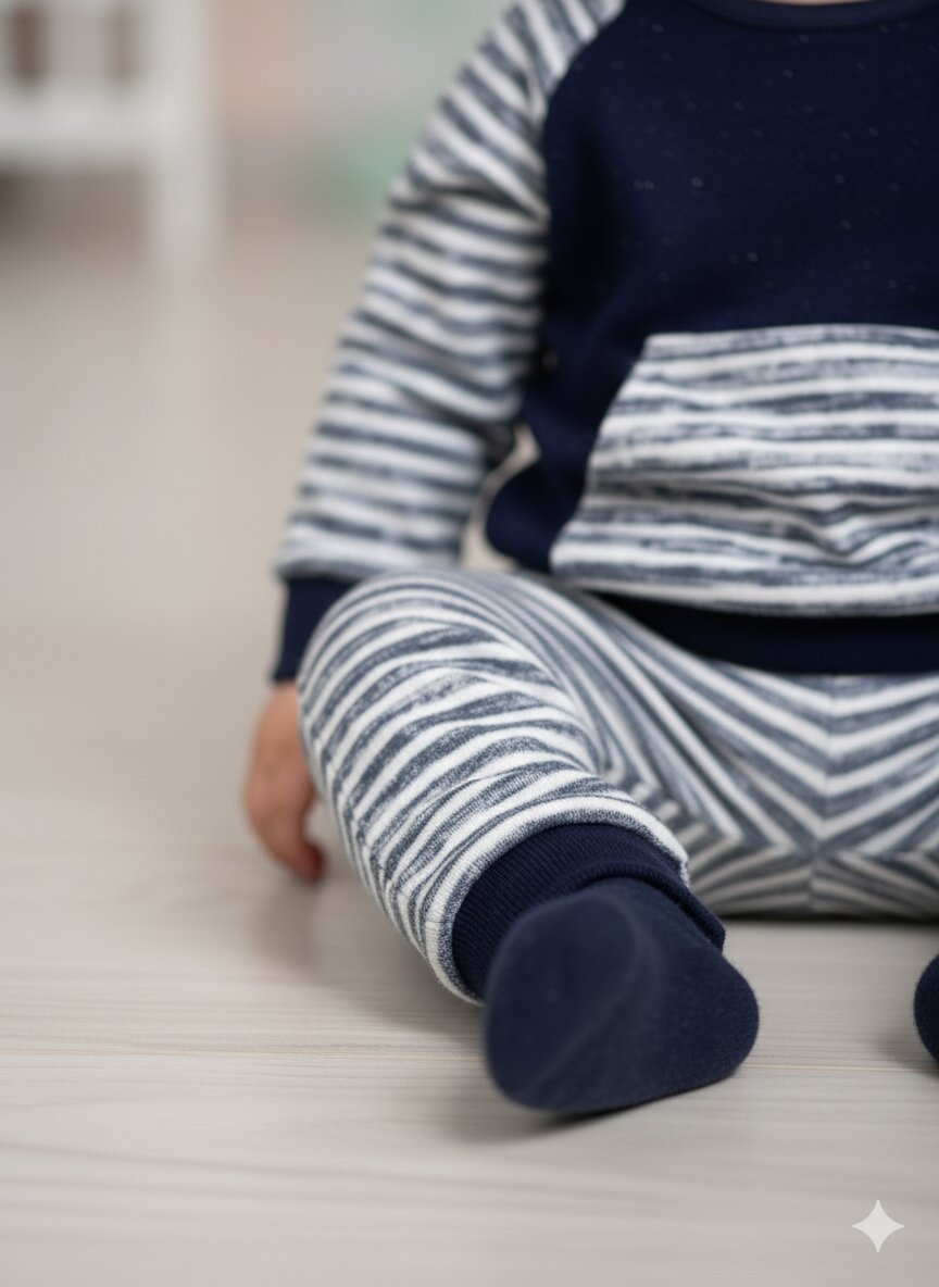 Pamuklu Çizgili Kanguru Cepli 2li Erkek Bebek Takım