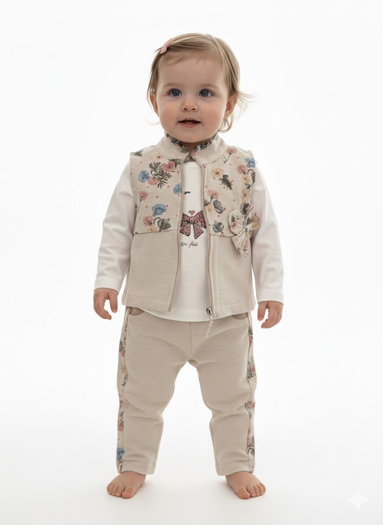 Organik Çiçek Desenli Yelekli Kız Bebek 3lü Takım