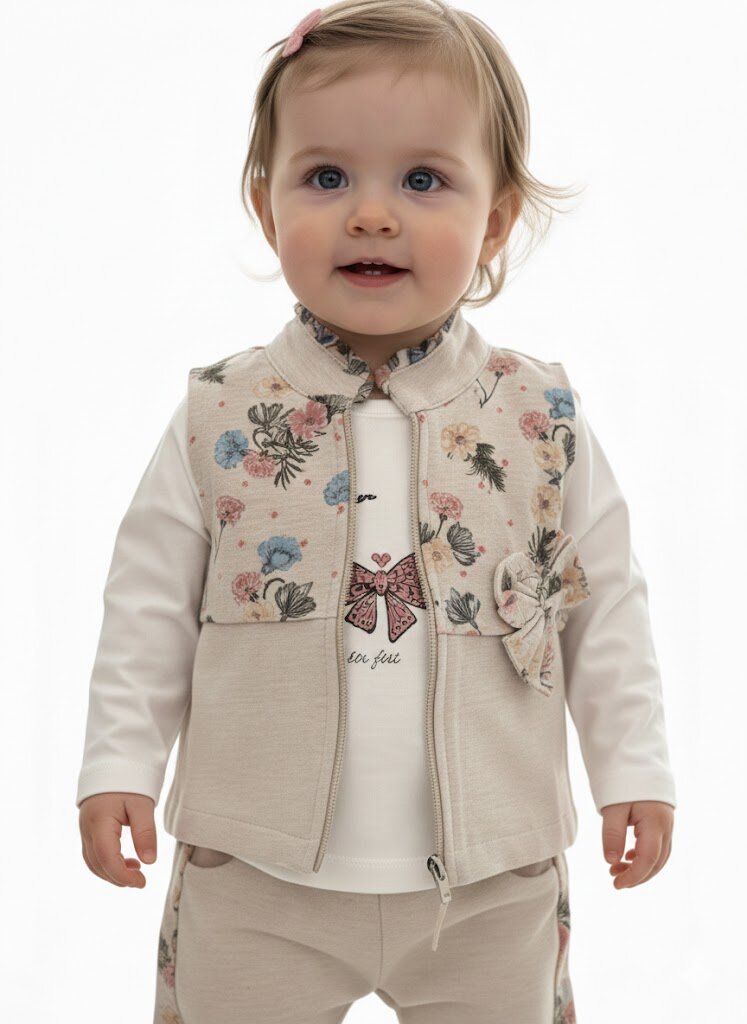 Organik Çiçek Desenli Yelekli Kız Bebek 3lü Takım
