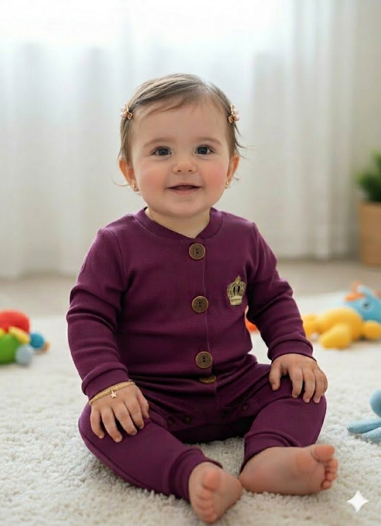 Pamuklu Düğmeli Taç İşlemeli Kız Bebek Tulum