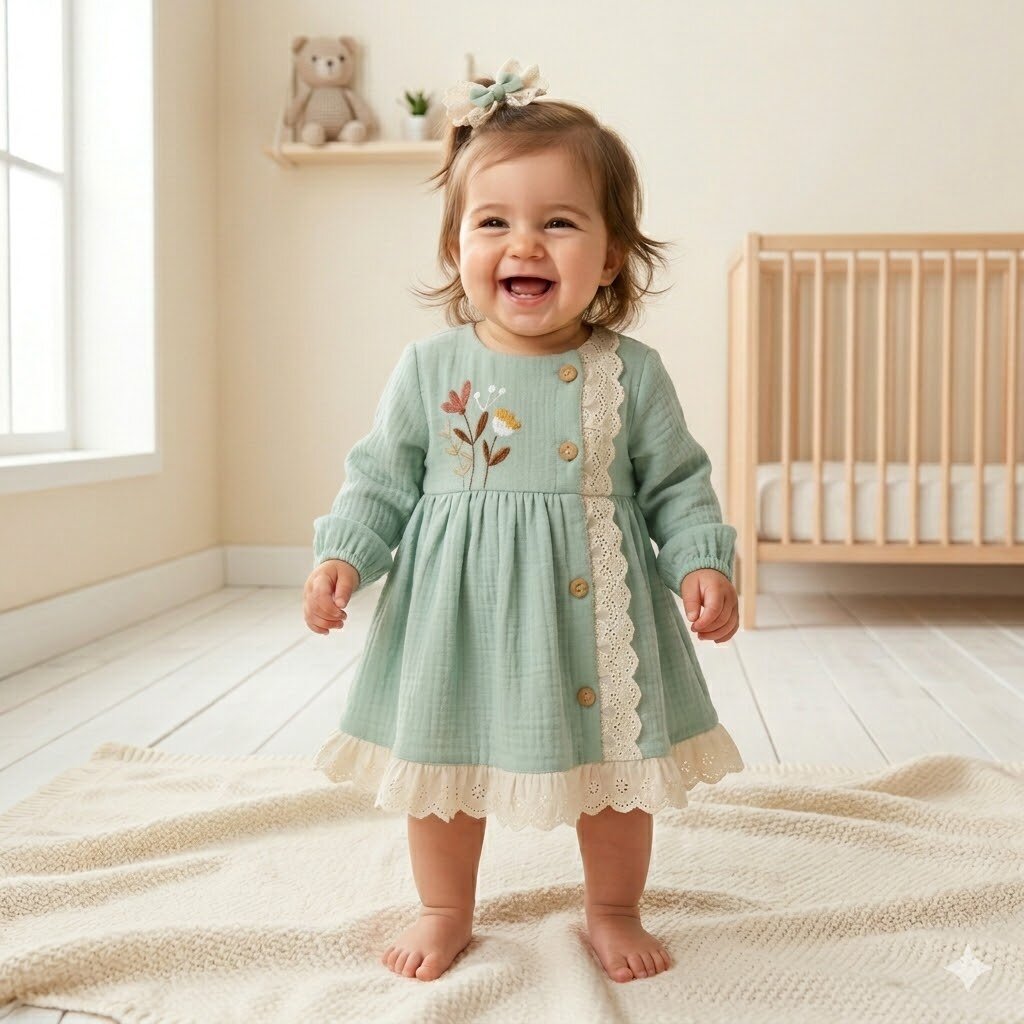 Organik Çiçek Nakışlı Kız Bebek Elbise 2li Takım