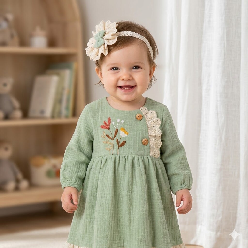 Organik Çiçek Nakışlı Kız Bebek Elbise 2li Takım