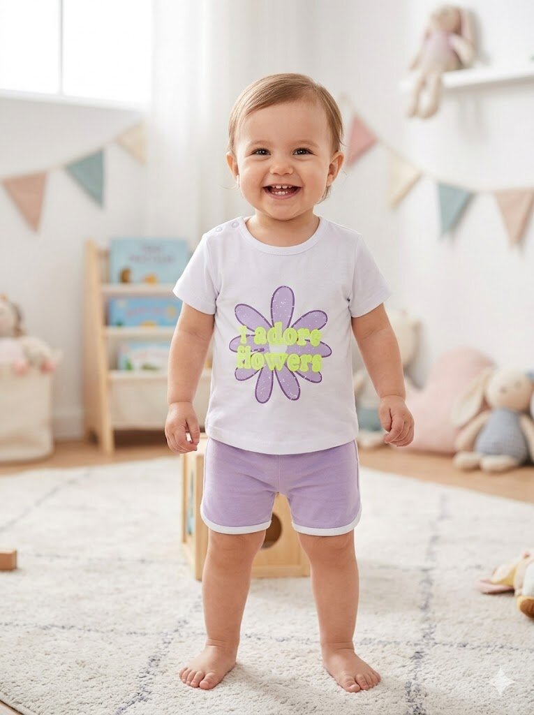 Pamuklu  Çiçek Detaylı  2li Kız BebekTakım