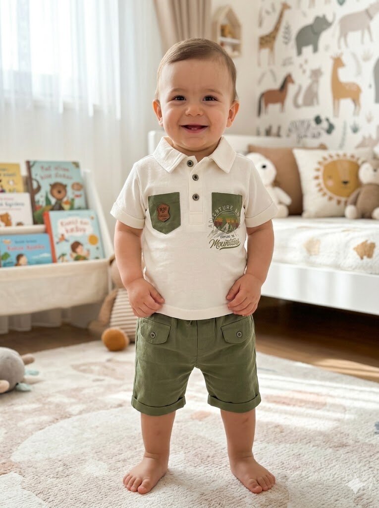 Pamuklu  gömlek yaka Düğmeli Erkek Bebek Takım