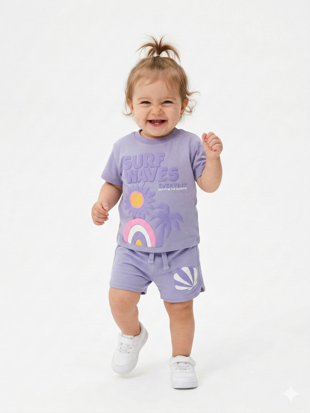 Pamuklu Yaz Temalı Palmiyeli Gökkuşaklı Kız Bebek Şortlu 2li Takım