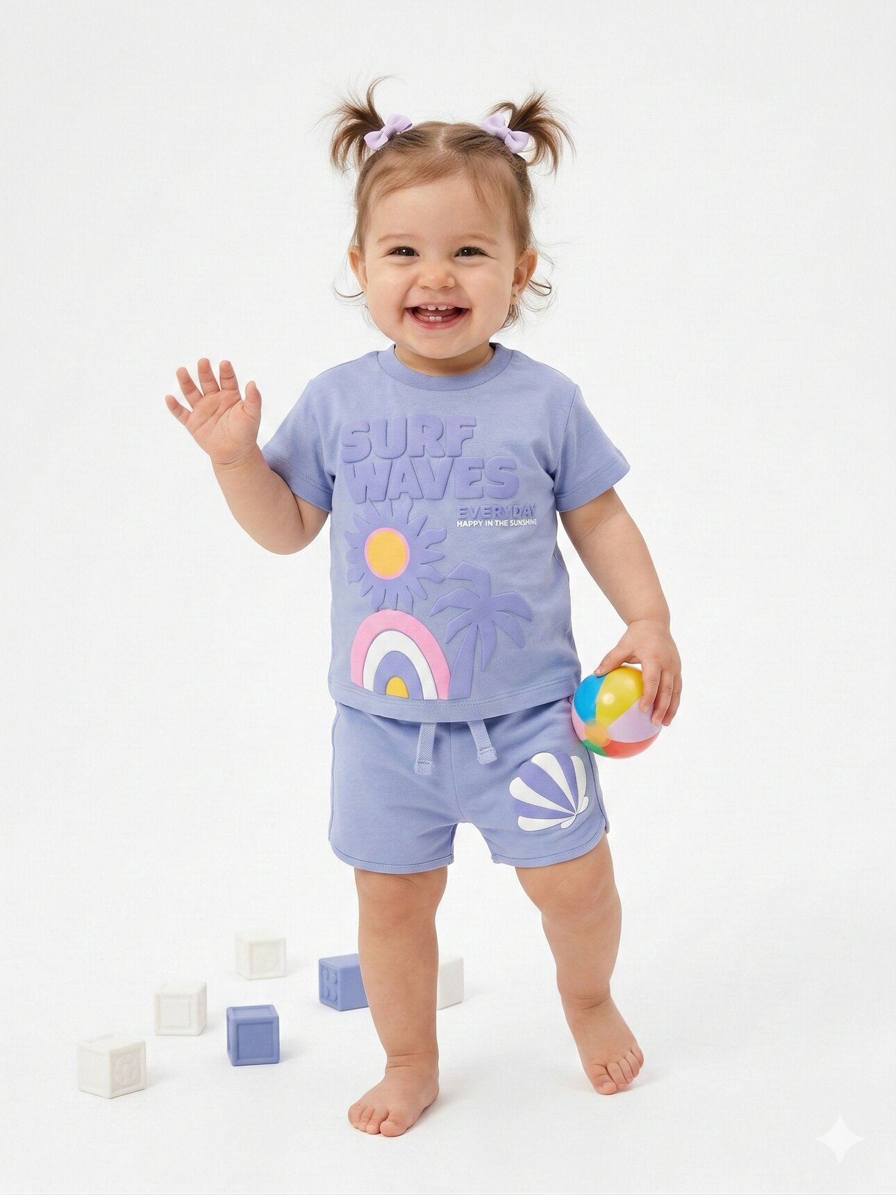 Pamuklu Yaz Temalı Palmiyeli Gökkuşaklı Kız Bebek Şortlu 2li Takım