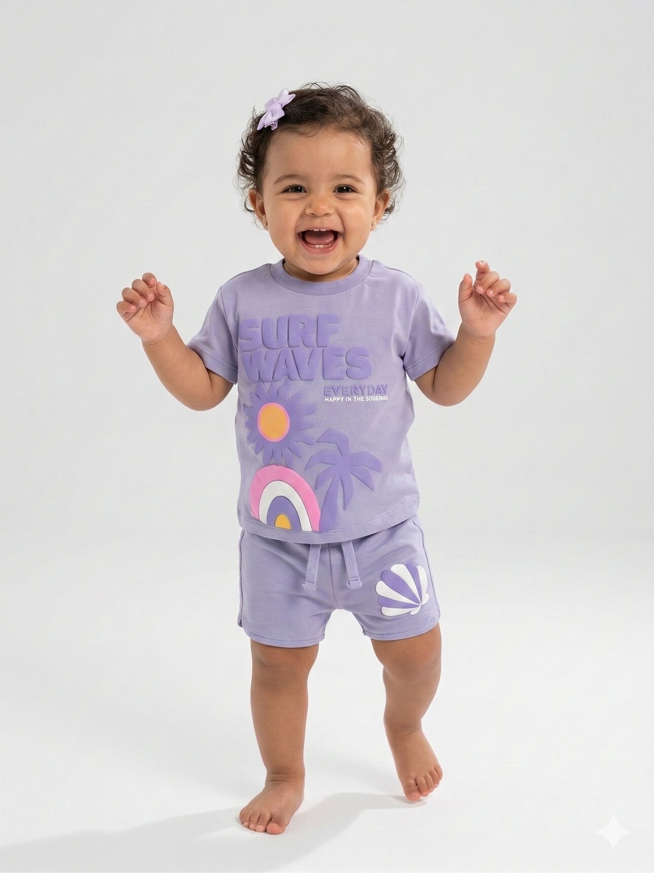 Pamuklu Yaz Temalı Palmiyeli Gökkuşaklı Kız Bebek Şortlu 2li Takım