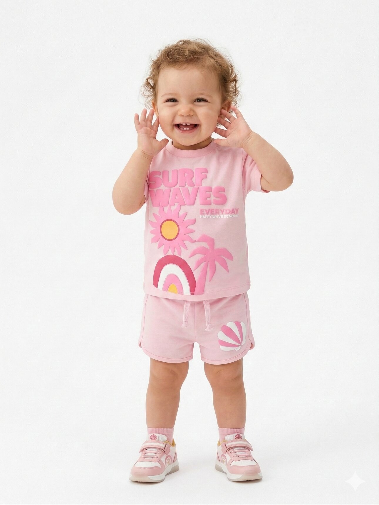 Pamuklu Yaz Temalı Palmiyeli Gökkuşaklı Kız Bebek Şortlu 2li Takım