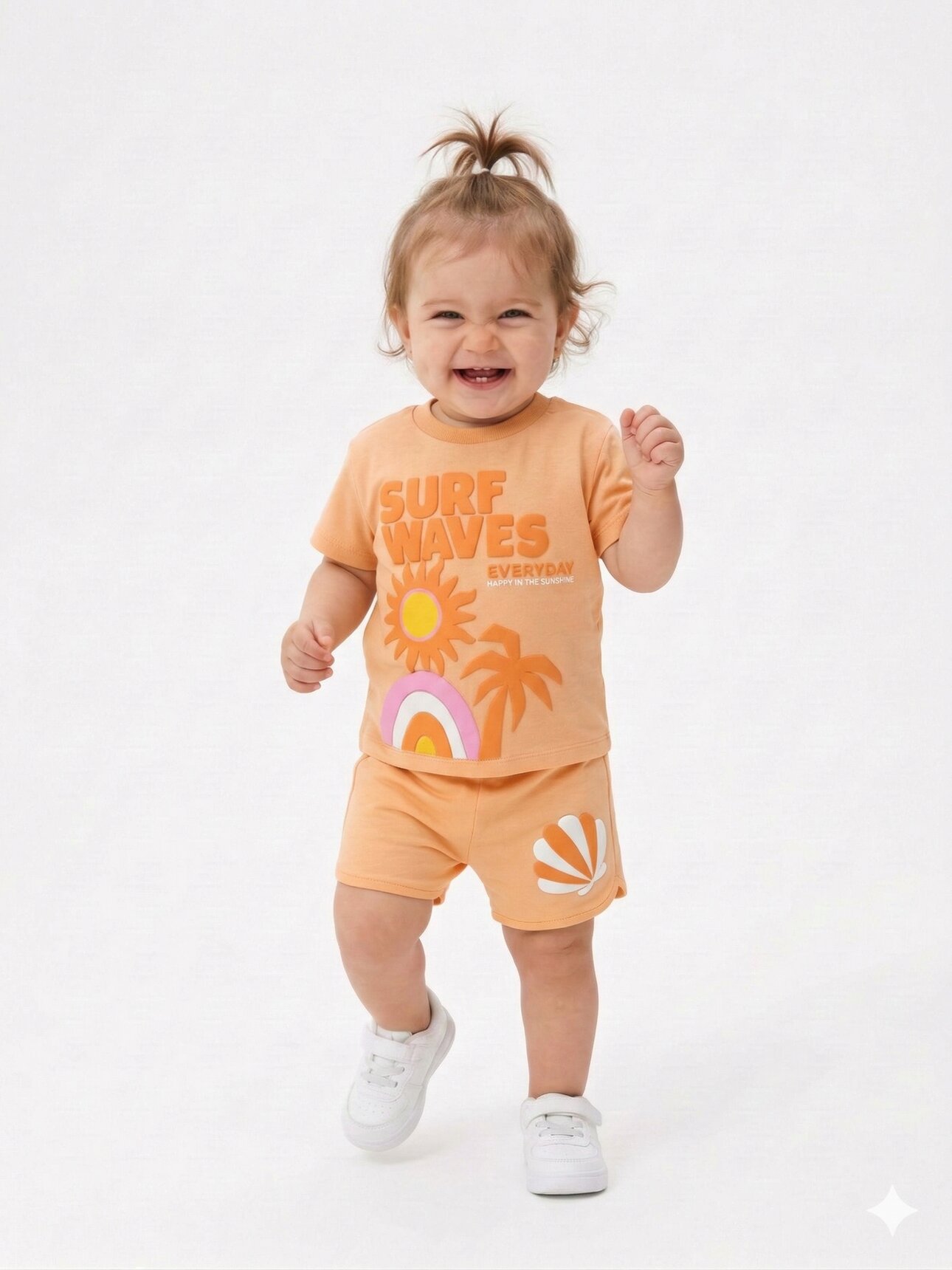 Pamuklu Yaz Temalı Palmiyeli Gökkuşaklı Kız Bebek Şortlu 2li Takım