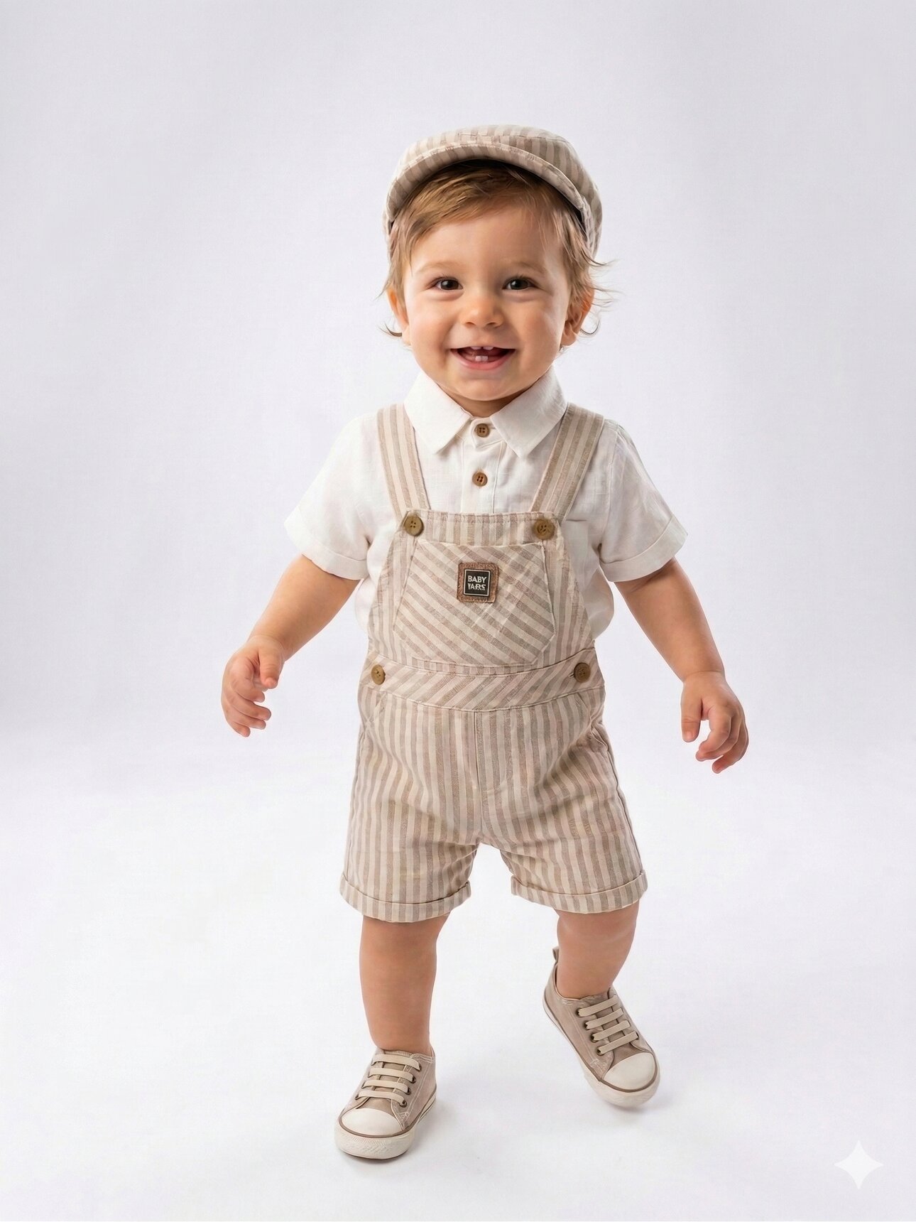 Pamuklu Şeritli Gömlekli Şapkalı Salopet Şortlu Tulum Erkek Bebek 3lü Takım