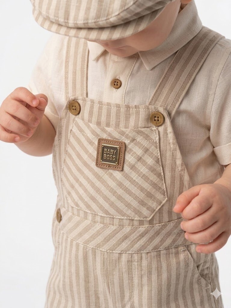 Pamuklu Şeritli Gömlekli Şapkalı Salopet Şortlu Tulum Erkek Bebek 3lü Takım