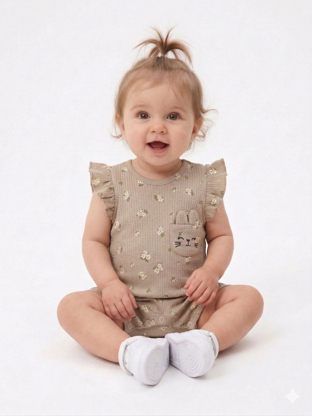 Organik Pamuklu Çiçek Desenli Kedi Kulak Kız Bebek 2li Takım