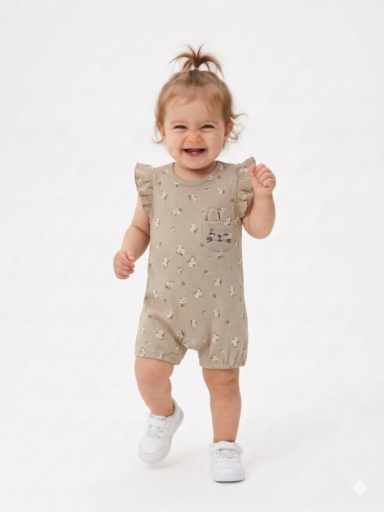 Organik Pamuklu Çiçek Desenli Kedi Kulak Kız Bebek 2li Takım