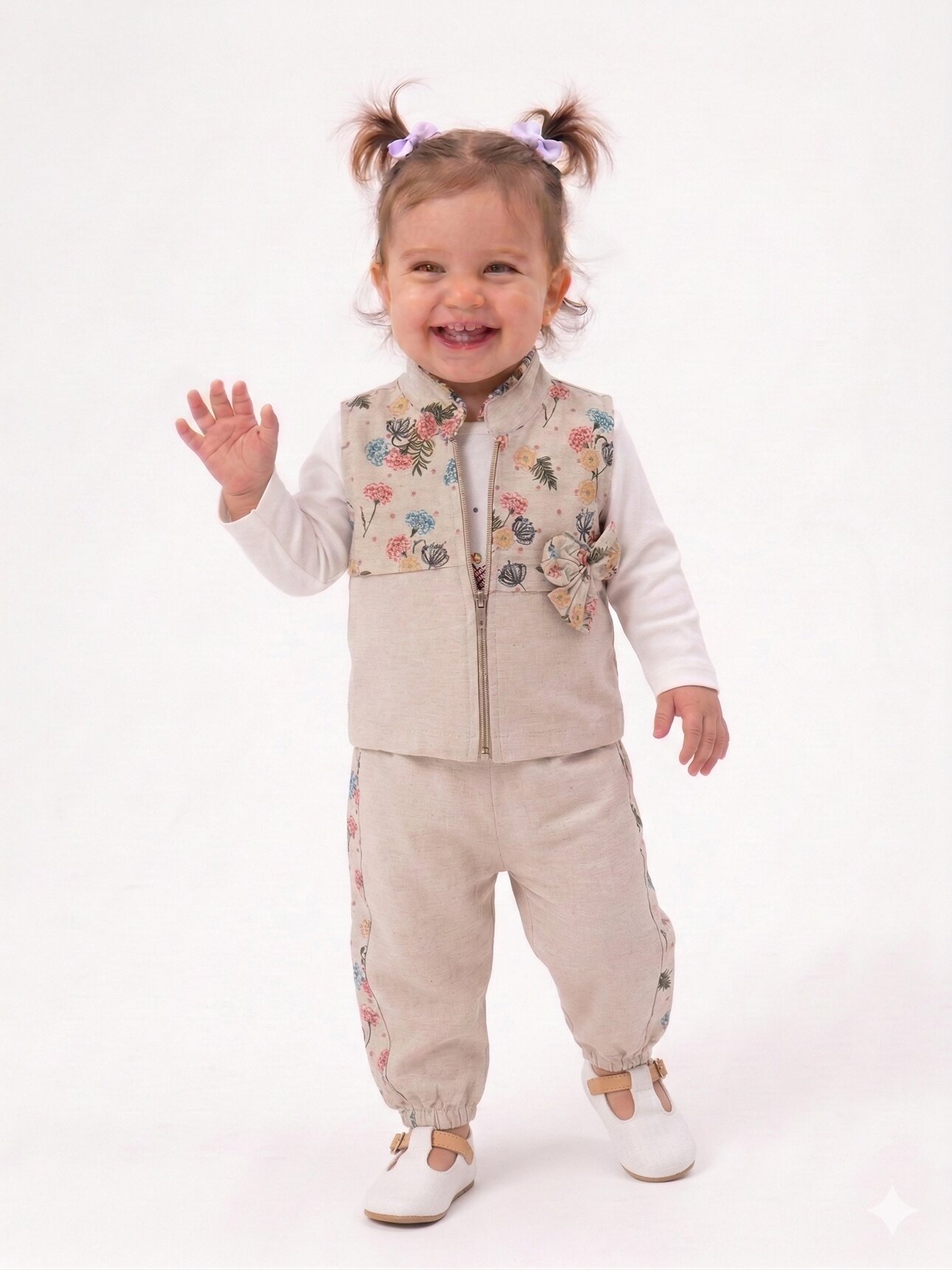 Organik Çiçek Desenli Yelekli Kız Bebek 3lü Takım