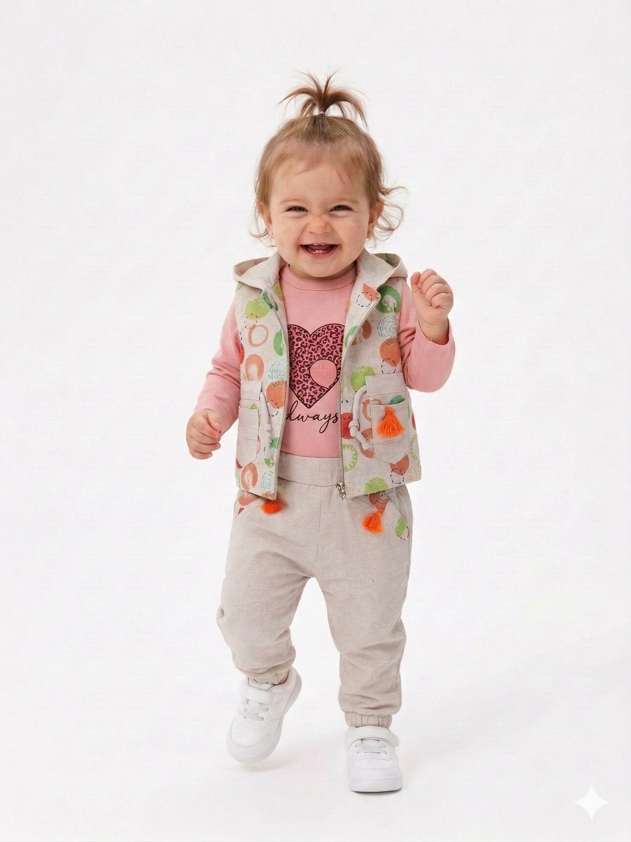 Pamuk Renkli Desenli Yelekli Kız Bebek 3lü Takım