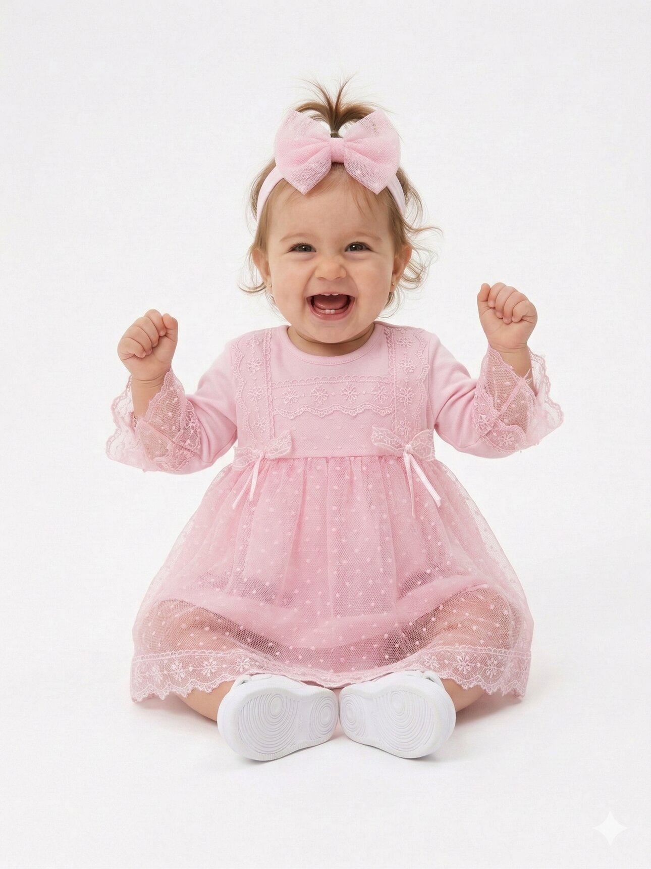 Pamuklu Tül Detaylı Bandanalı Kız Bebek Elbise