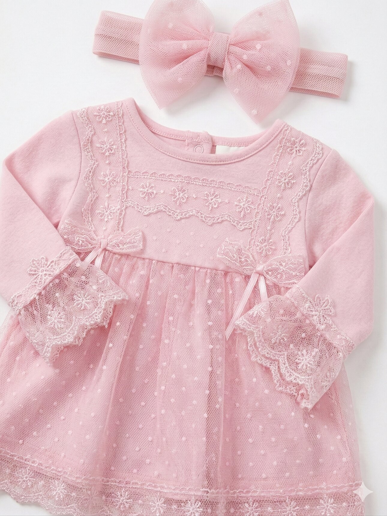 Pamuklu Tül Detaylı Bandanalı Kız Bebek Elbise