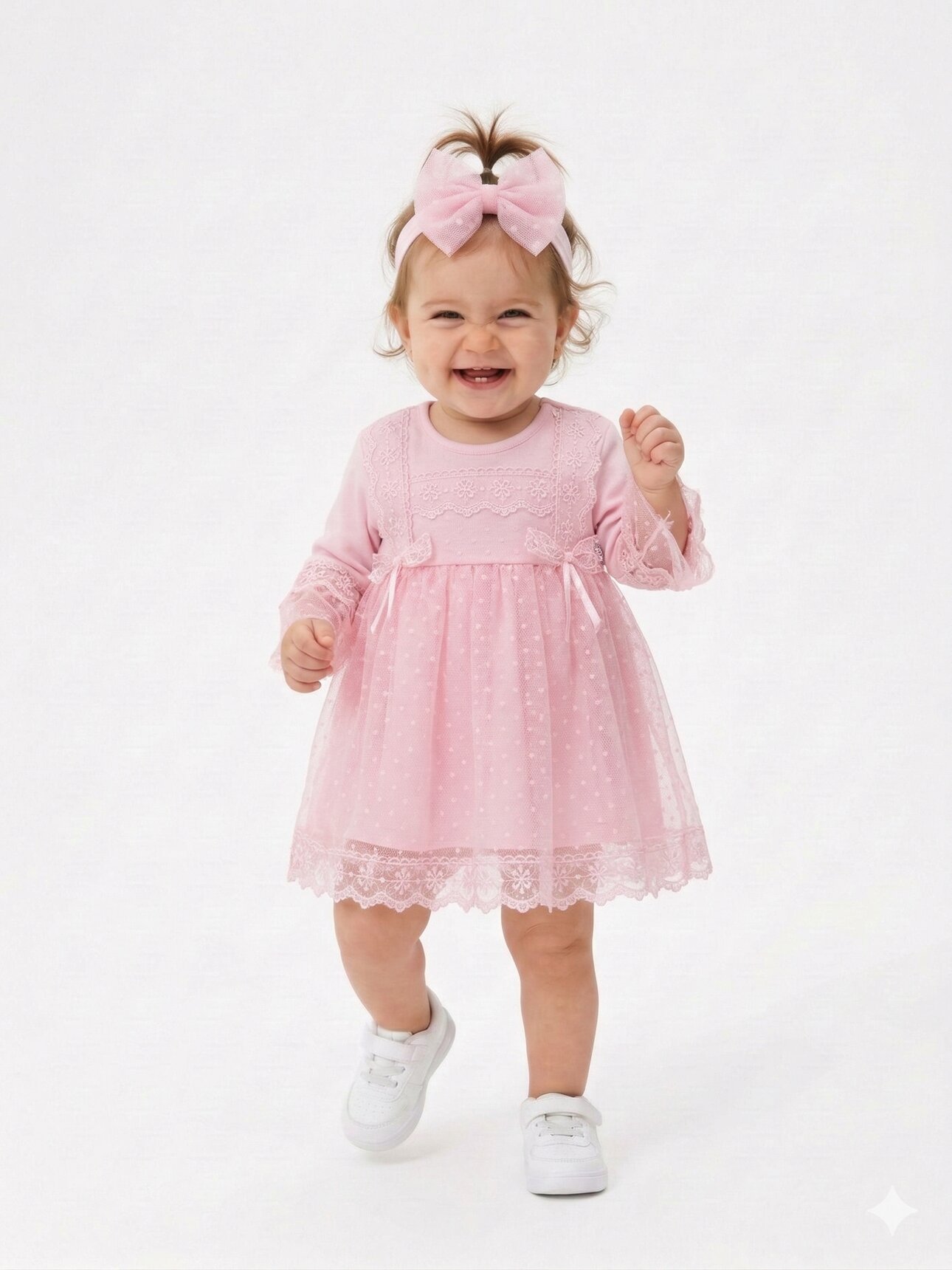 Pamuklu Tül Detaylı Bandanalı Kız Bebek Elbise