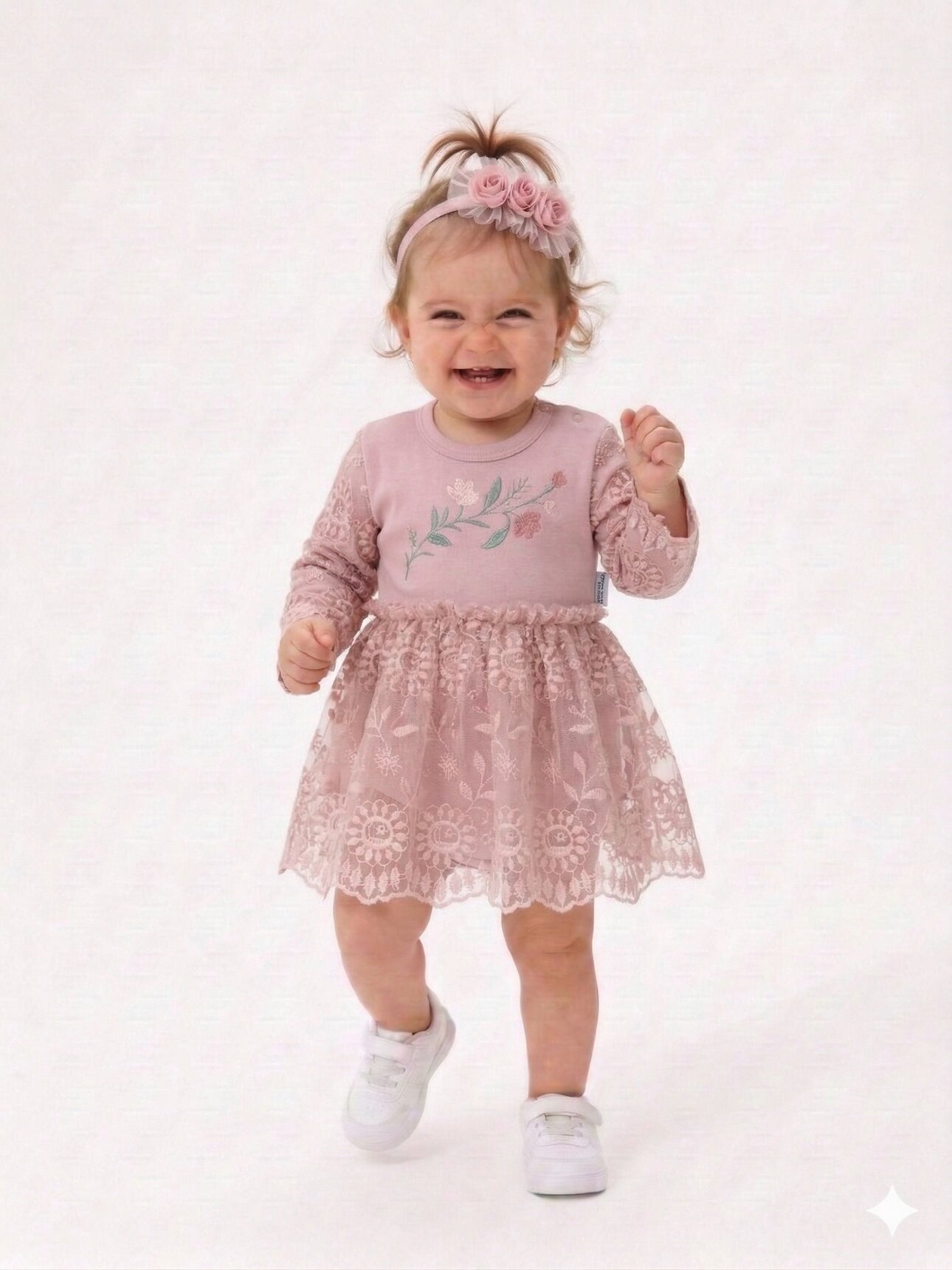 Pamuklu Çiçek Nakışlı  Bandanalı Kız Bebek Elbise